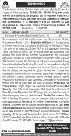 Furniture & Fixtures (Total Items: 14) - Office of the AIG General for Inspector General of Police, Balochistan, Central Police Office